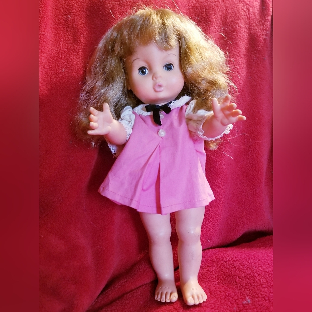 Vintage Pullan Canada Sleepy Doll Pink Dress with Black Bow Tie (TLC)
